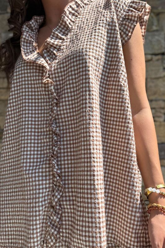 Arbi Gingham Y Blouse Hazelnut